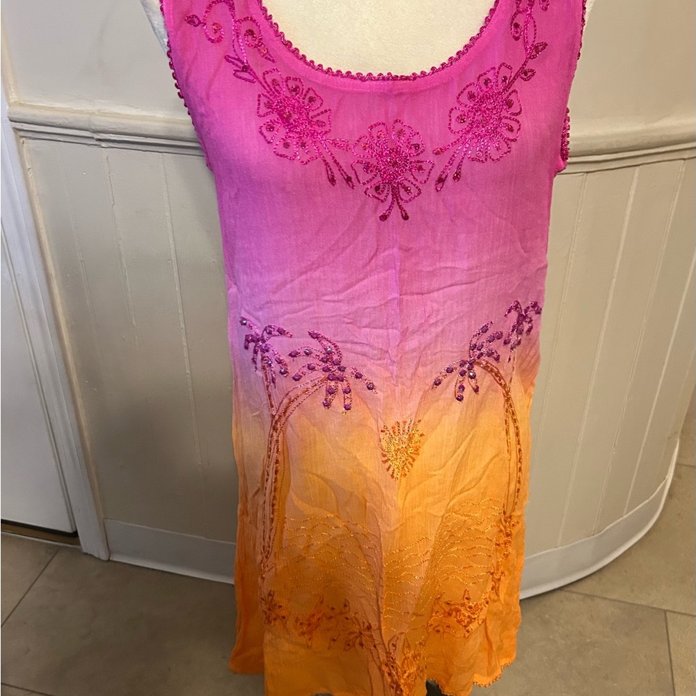 Rays Sun Sunset Ombré Beaded Palm Tree Sundress /Medium/NWOT